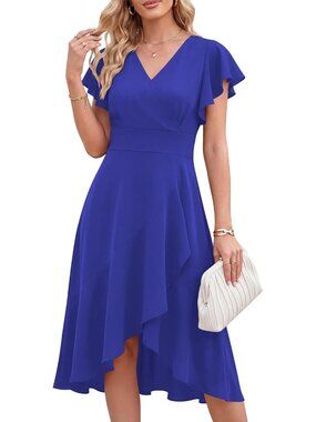 Women's Blue Elegant Classy Wedding Guest Cocktail Semi Formal Wrap Midi Dresses